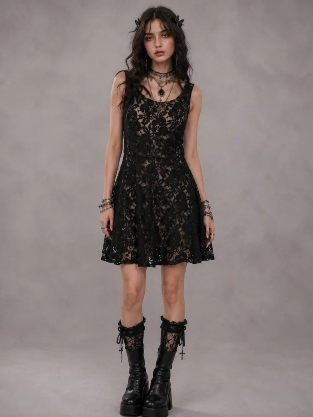 Vintage Y2K Free People Lace Mini Dress Black Floral Whimsigoth Dark Fairy Sheer